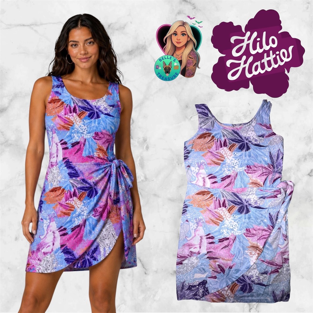 Hilo Hattie Womens XS Hawaiian Faux Wrap Mini Dress Blue Pink Tiger Animal Flora